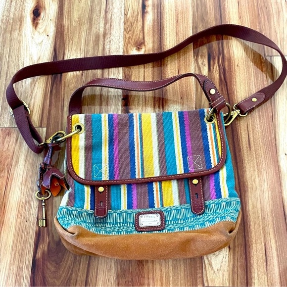 Fossil Blue and Yellow Crossbody Bag with Leather Trim - Picture 1 of 5